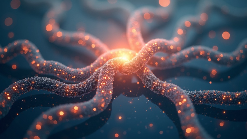 Abstract artwork representing connection and growth, featuring intertwining lines and soft glowing colors.